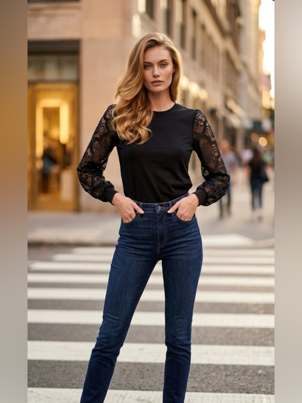 Sandro Sheer Lace Sleeve Black Knit Crew Neck  Top